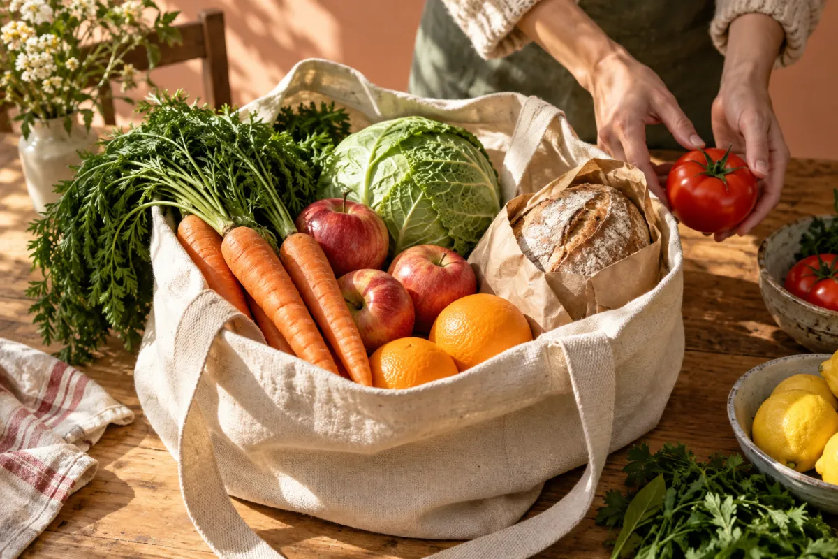 Illustrative bag of fresh groceries ready for a neighbor