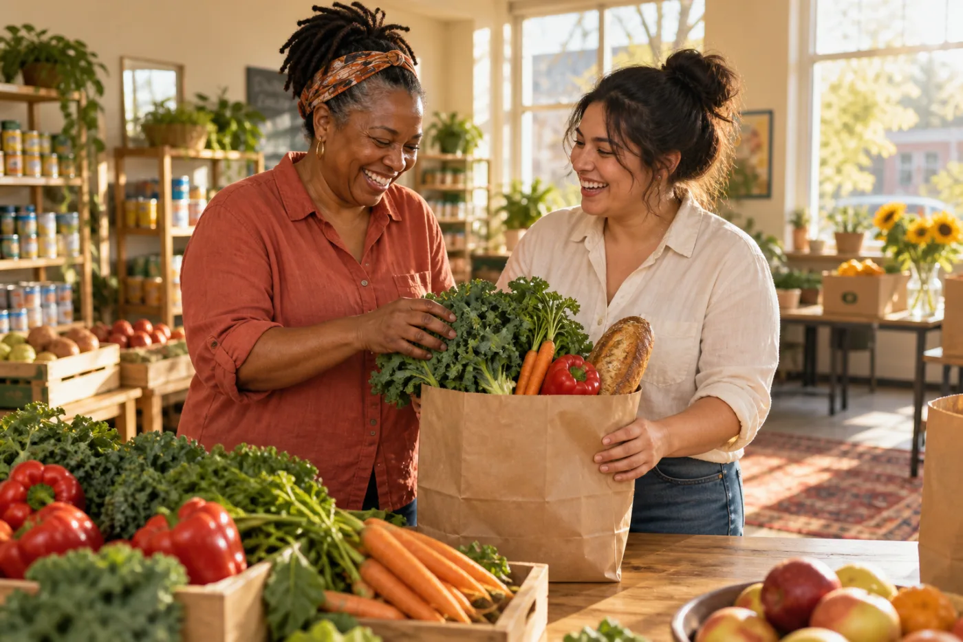 Illustrative scene of two neighbors sharing a joyful moment while packing fresh groceries