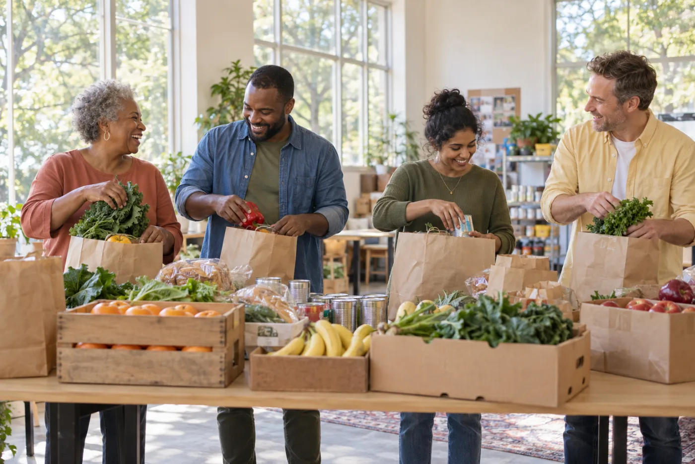 Illustrative community pantry scene with adult neighbors packing groceries